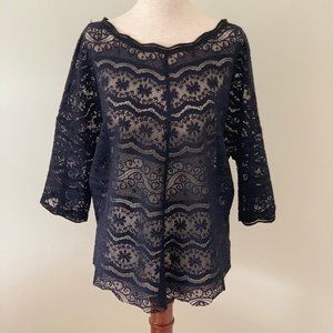 Free People Black Lace 3/4 Sleeve Top